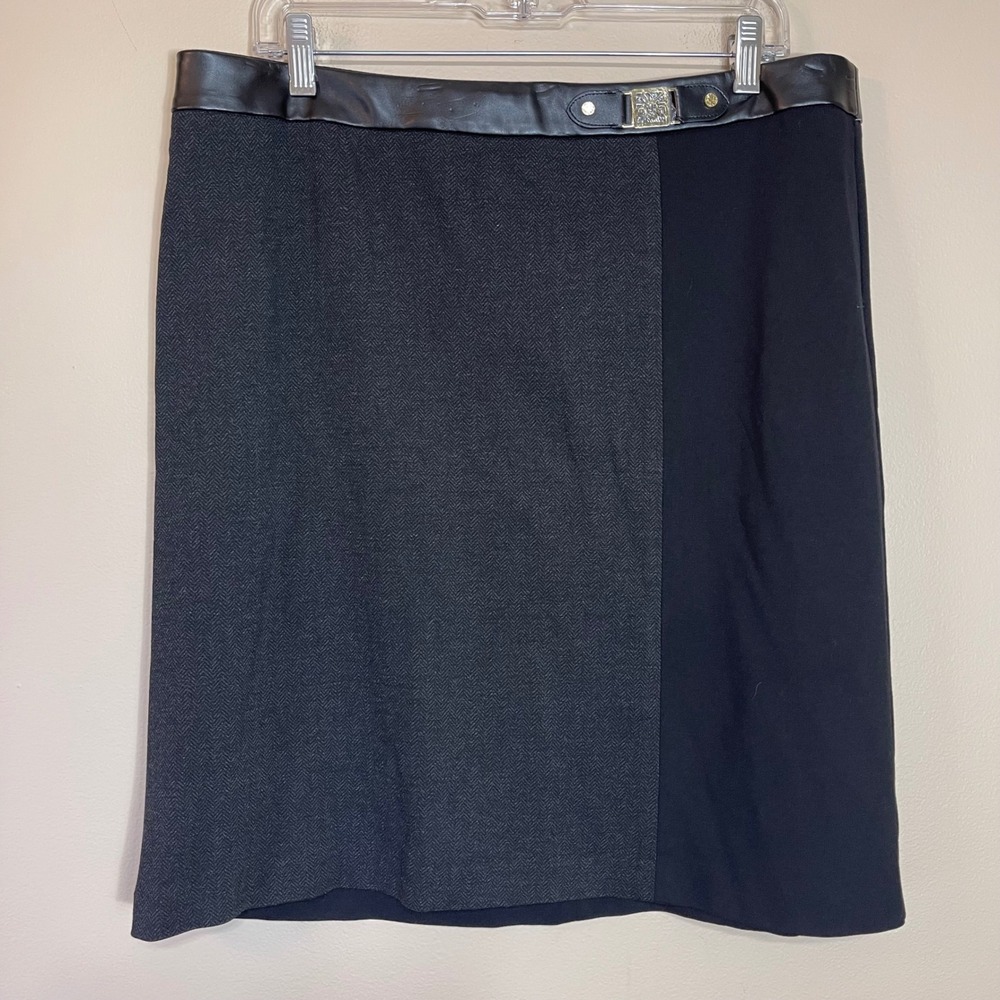 Anne Klein Womens 14 Pencil Skirt Black Charcoal Herringbone Faux Leather Trim
